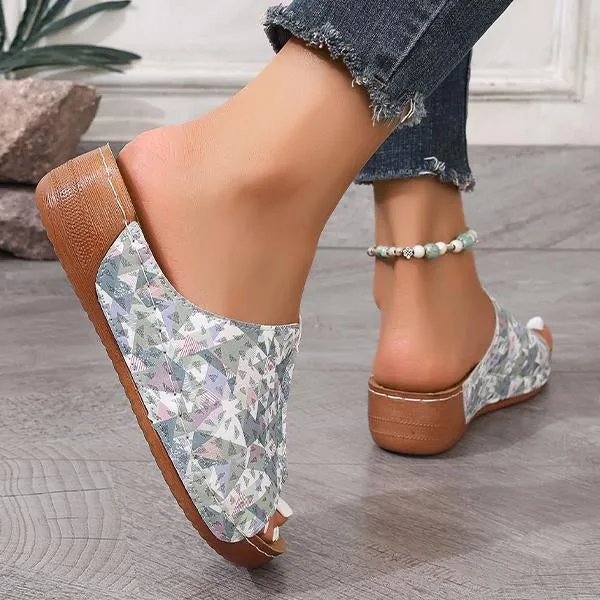 Women's Fish Mouth Geometric Print Wedge Slippers 49077772S