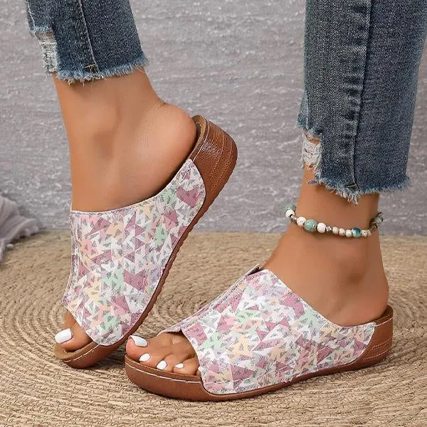 Women's Fish Mouth Geometric Print Wedge Slippers 49077772S