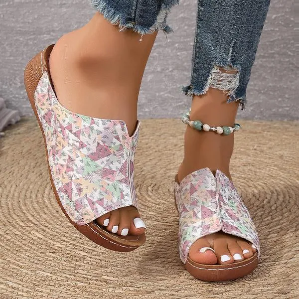 Women's Fish Mouth Geometric Print Wedge Slippers 49077772S