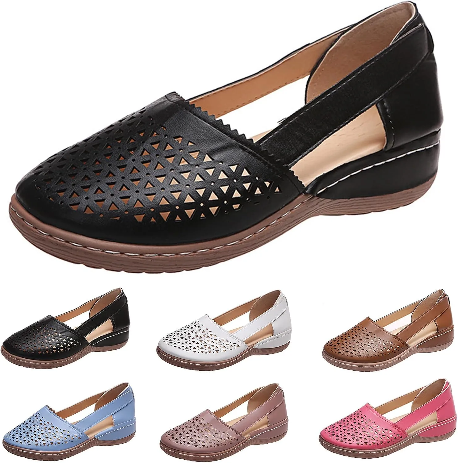 Womens Leather Sandals Comfortable Hollow Out Breathable Summer Flats Low Heel Travel Shoes Slip on Loafers Outdoor Walking Beach Sandals