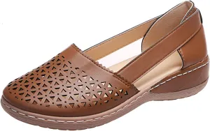 Womens Leather Sandals Comfortable Hollow Out Breathable Summer Flats Low Heel Travel Shoes Slip on Loafers Outdoor Walking Beach Sandals