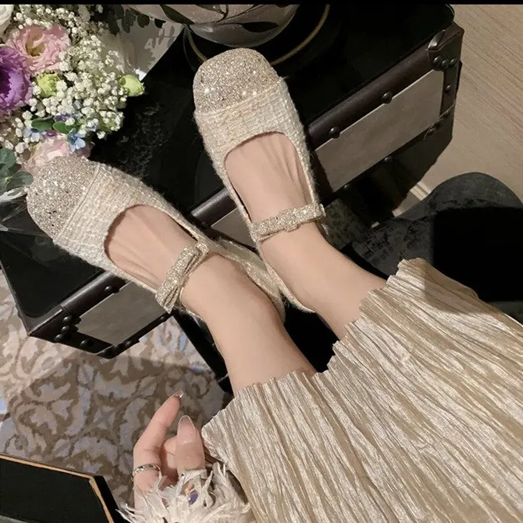 xiangtuibao Luxury Designer Mary Janes Elegant Medium Heel Pumps Woman Fashion Trend Retro Sequin Party Shoes Girls Platform New In Hot