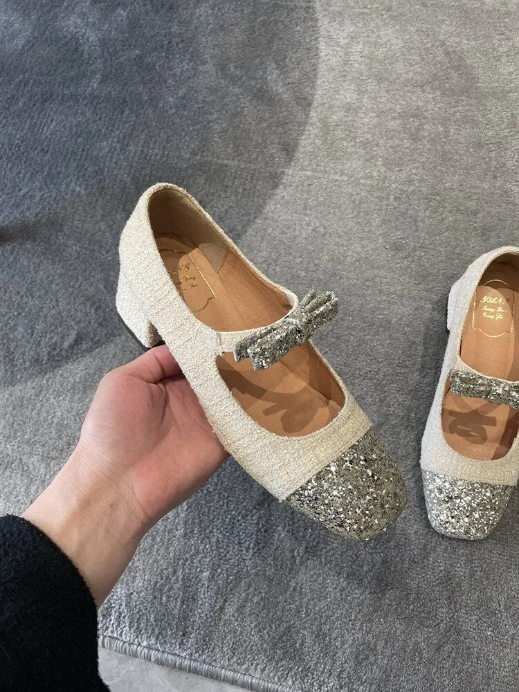 xiangtuibao Luxury Designer Mary Janes Elegant Medium Heel Pumps Woman Fashion Trend Retro Sequin Party Shoes Girls Platform New In Hot